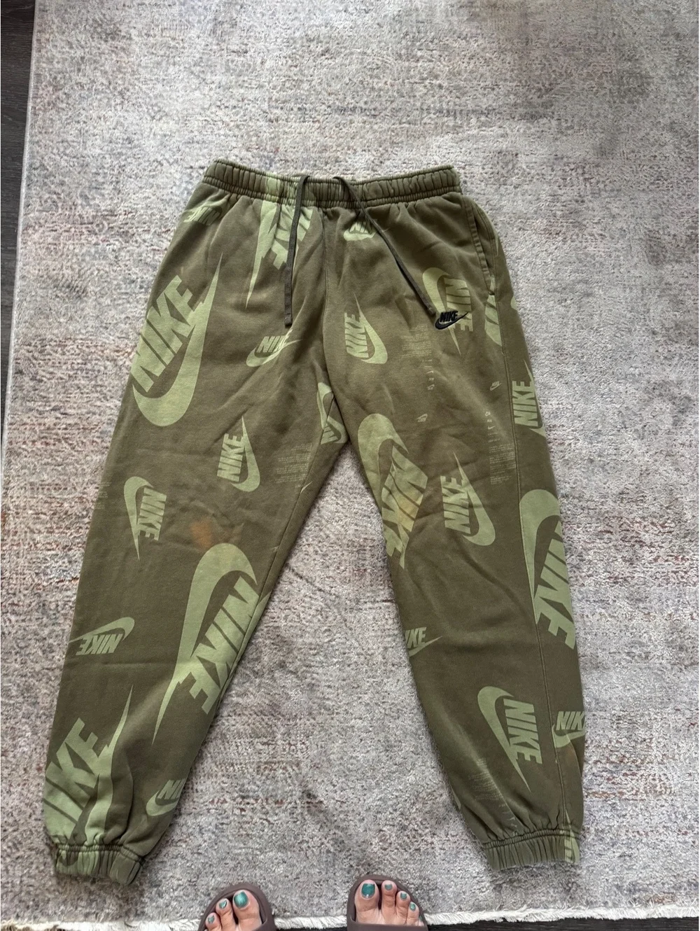 Nike Olive Green Logo Print Sweatpants with Drawstring Waist